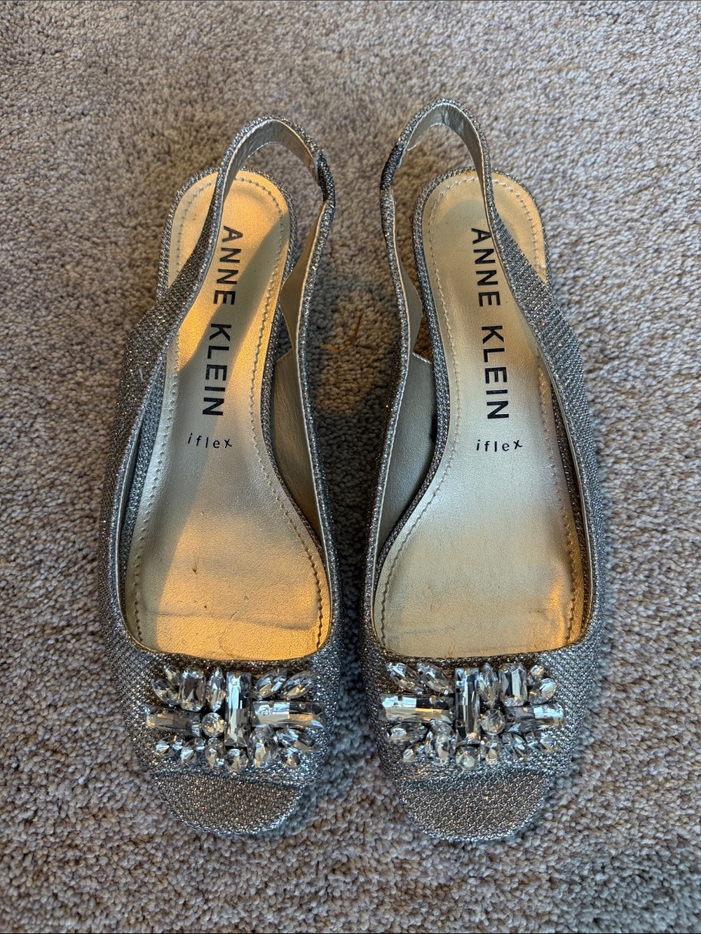 Anne Klein Silver Sparkle Slingback Mules with Jeweled Accent